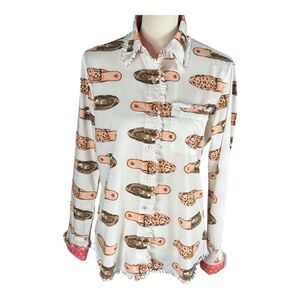 Tizzie White Shirt‎ Fashionista Shopping Monogram Shoes Print Fringe Size Small